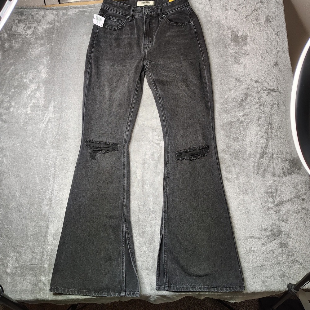 Rock Roll Denim Jeans Womens 26 x 36 Black High Rise Flare Bell Bottoms MRSP $80